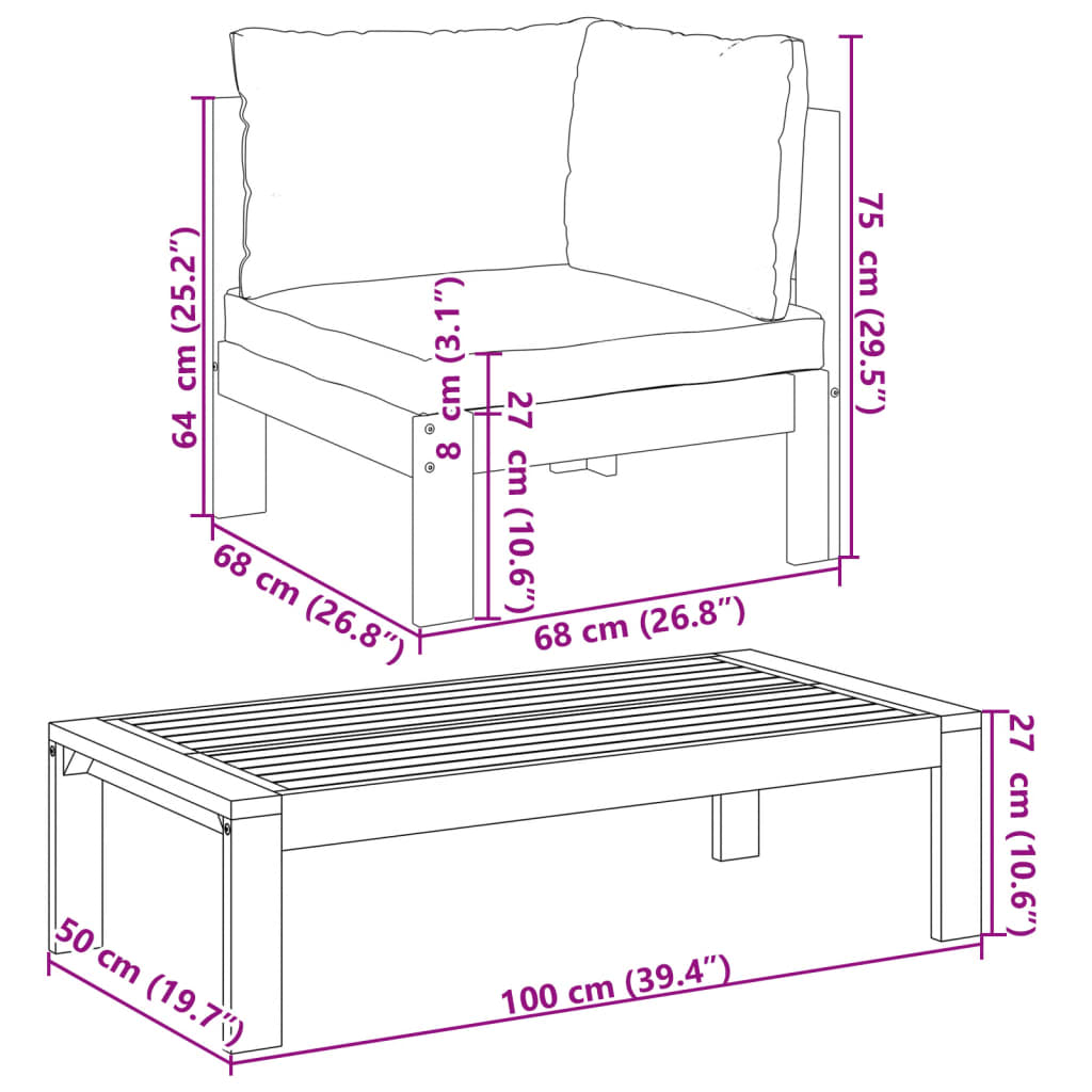 Solid Wood Acacia 2-Piece Garden Sofa Set with Cushions