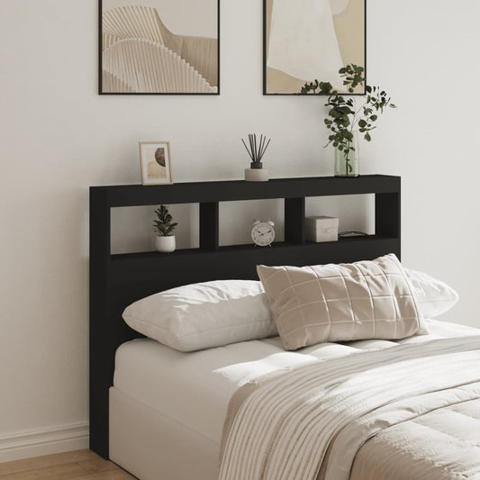Black LED Headboard Cabinet - Sleek Storage 140x17x102 cm