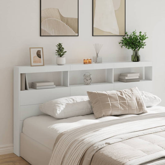 White Headboard Cabinet with LED Lights, Wood, 200x17x102 cm