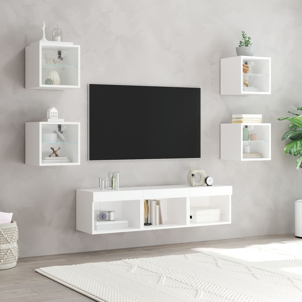 7 Piece TV Wall Units with LED White Engineered Wood