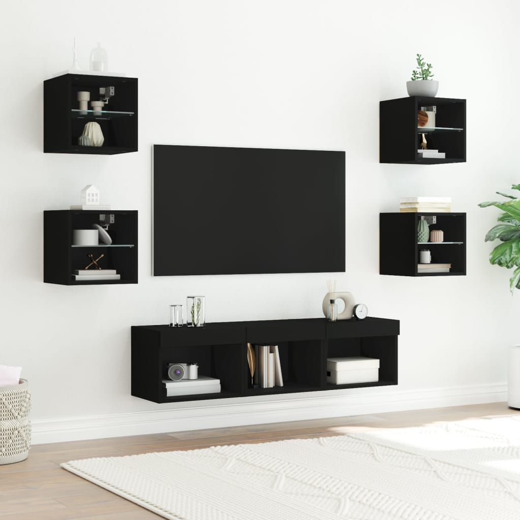 7 Piece TV Wall Units with LED Black Engineered Wood