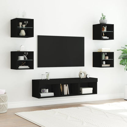 7 Piece TV Wall Units with LED Black Engineered Wood