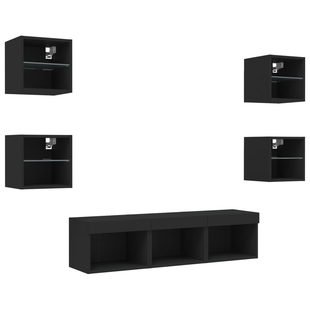 7 Piece TV Wall Units with LED Black Engineered Wood