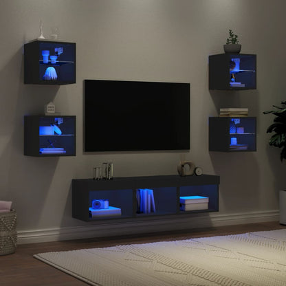 7 Piece TV Wall Units with LED Black Engineered Wood