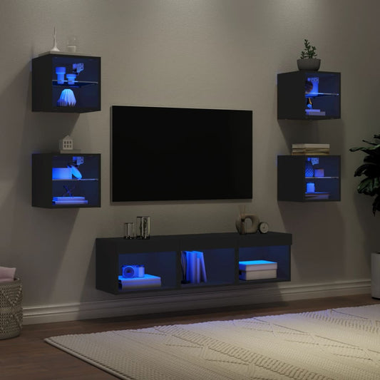 7 Piece TV Wall Units with LED Black Engineered Wood
