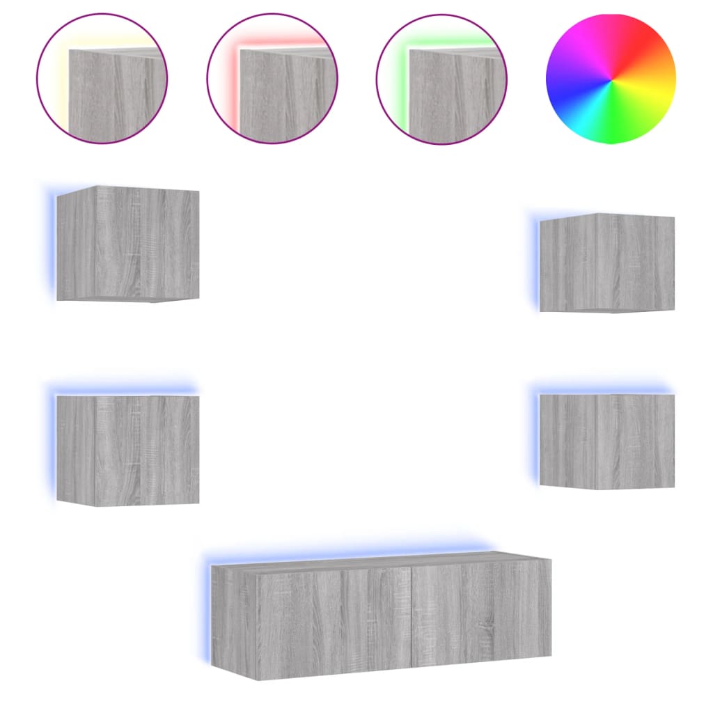 5 Piece TV Wall Cabinets with LED Lights Grey Sonoma