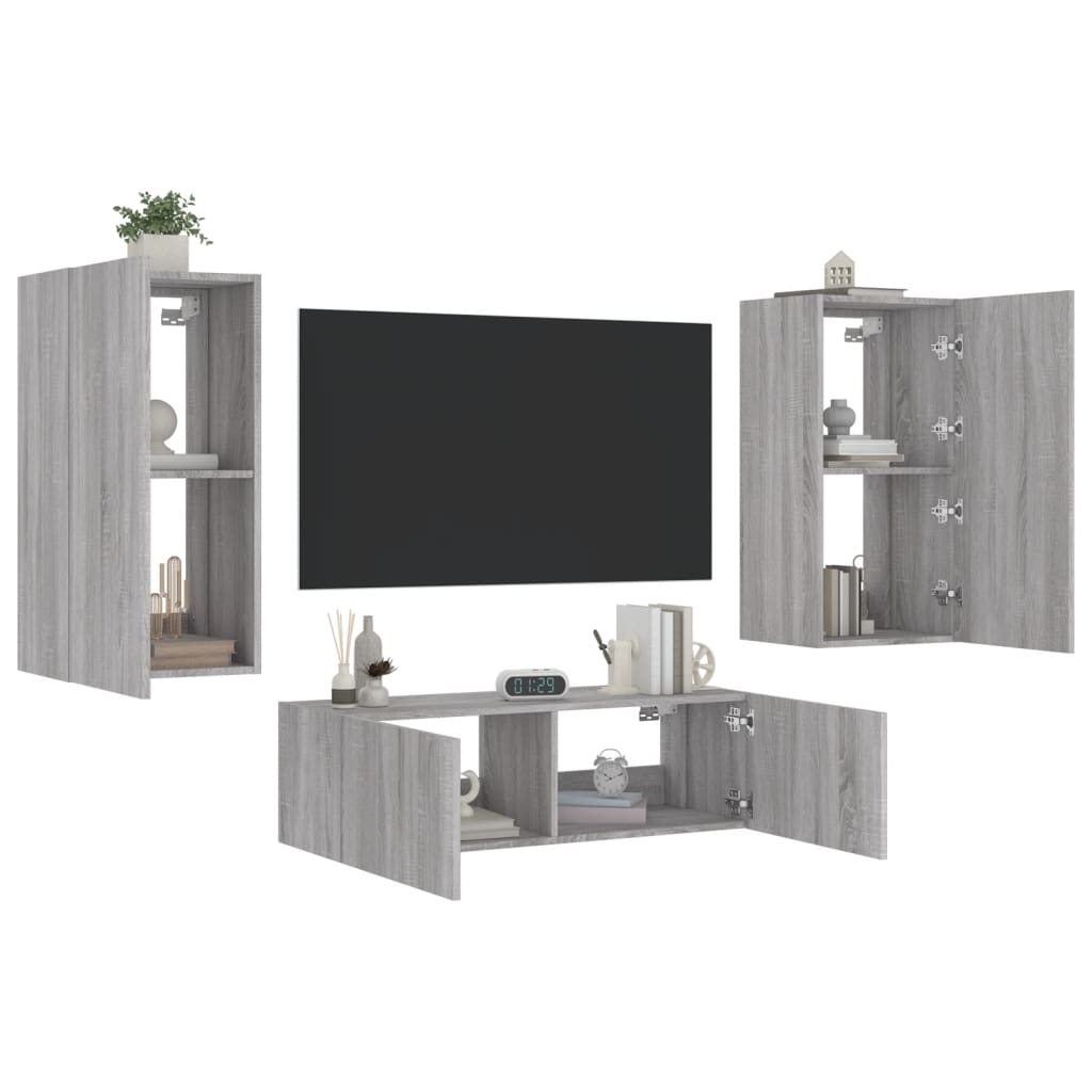 3 Piece TV Wall Cabinets with LED Lights Grey Sonoma