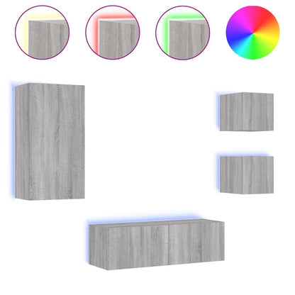 4 Piece TV Wall Cabinets with LED Lights Grey Sonoma