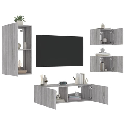 4 Piece TV Wall Cabinets with LED Lights Grey Sonoma