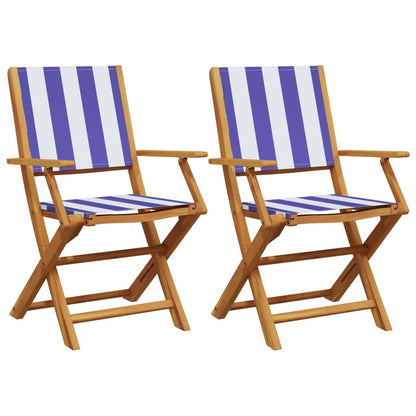 Solid Wood Acacia Garden Chairs 2 pcs - Blue & White Fabric