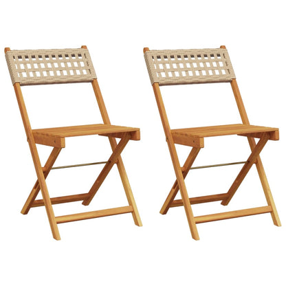 Beige Bistro Chairs Set of 2 - Solid Wood Acacia & Poly Rattan