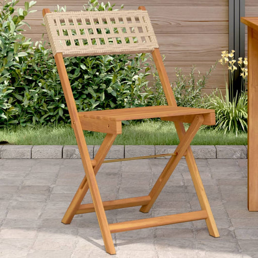 Beige Bistro Chairs Set of 2 - Solid Wood Acacia & Poly Rattan