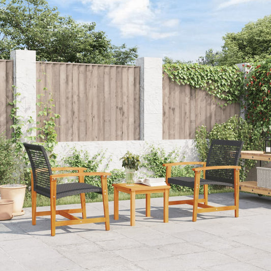 Black Poly Rattan & Acacia Wood Garden Chairs - Set of 2