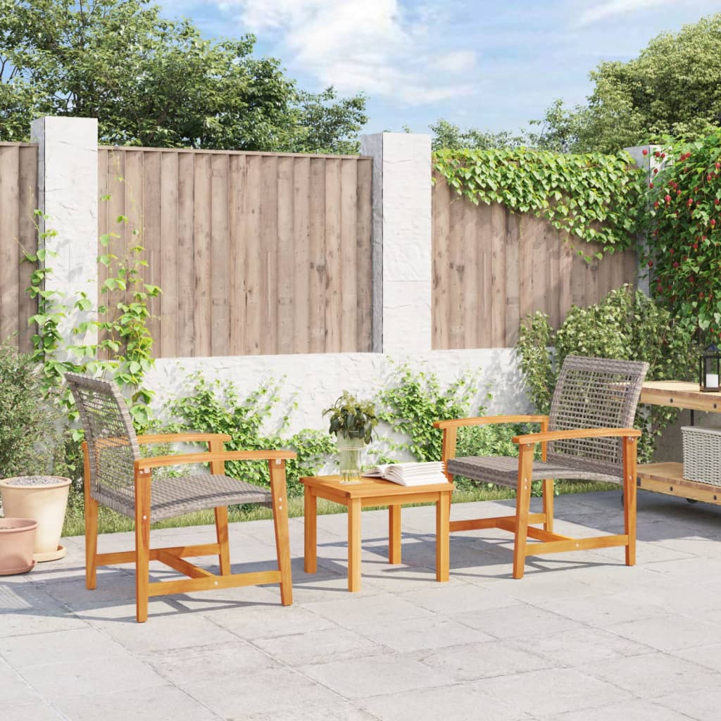 Grey Poly Rattan & Acacia Wood Garden Chairs - Set of 2