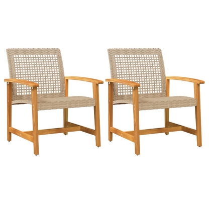 Beige Poly Rattan & Acacia Wood Garden Chairs - Set of 2