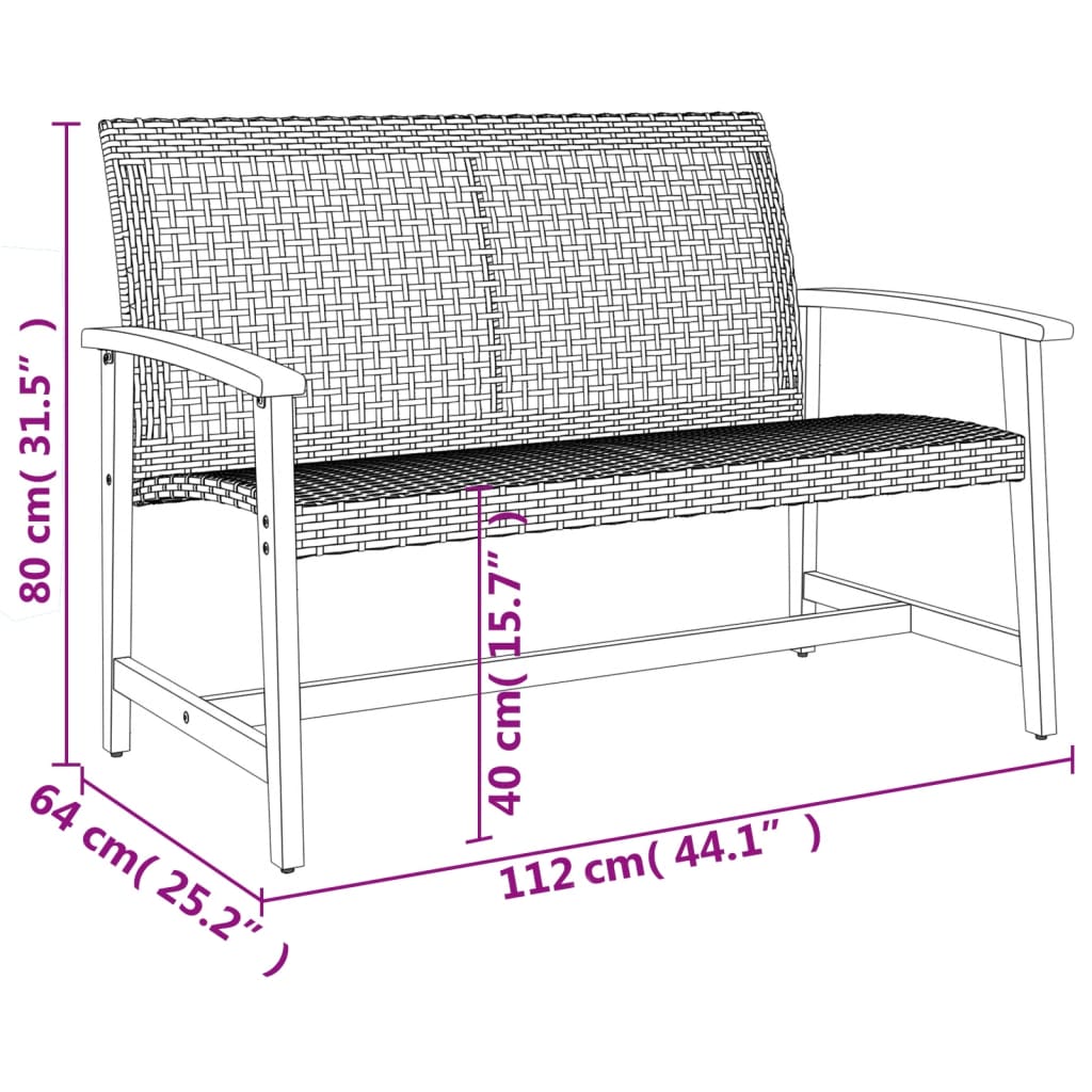 Black Poly Rattan & Acacia Wood Garden Bench - 112 cm