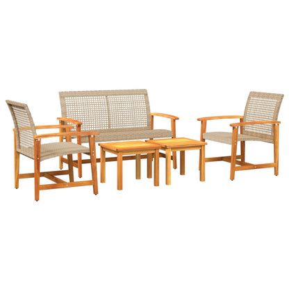 Beige Poly Rattan & Acacia 5-Piece Garden Lounge Set