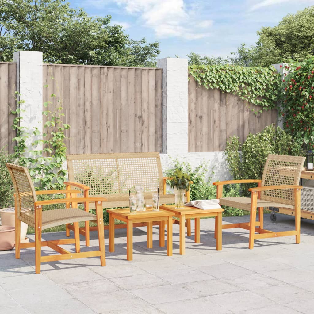 Beige Poly Rattan & Acacia 5-Piece Garden Lounge Set