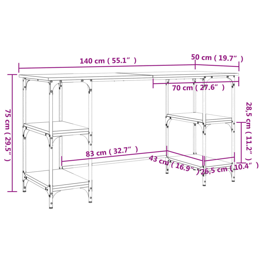 Brown Oak Desk 140x50x75 cm - Metal & Engineered Wood