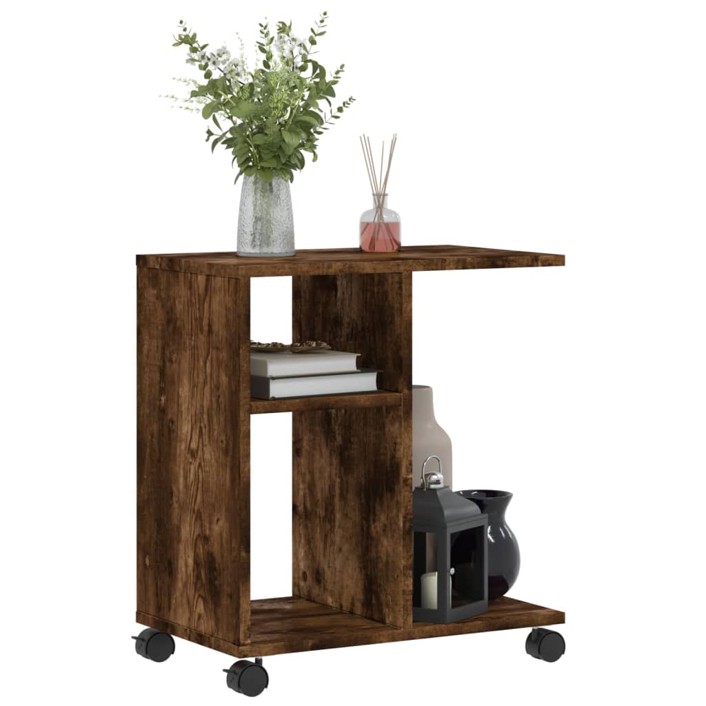 Mobile Side Table w/ Wheels, Smoked Oak, 50x30x55 cm Wood Finish