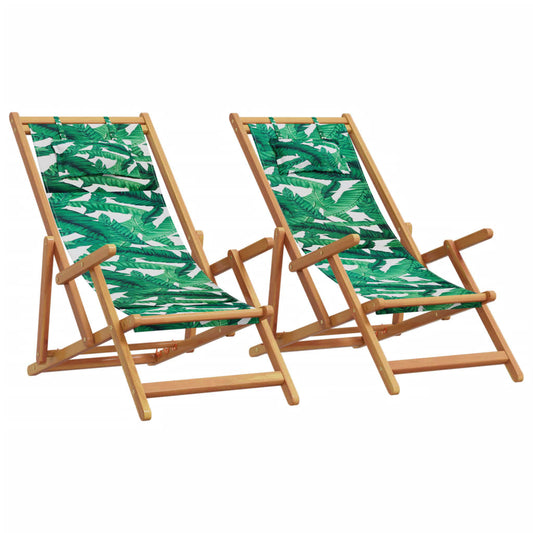Leaf Pattern Folding Beach Chairs Set of 2 - Solid Wood & Fabric