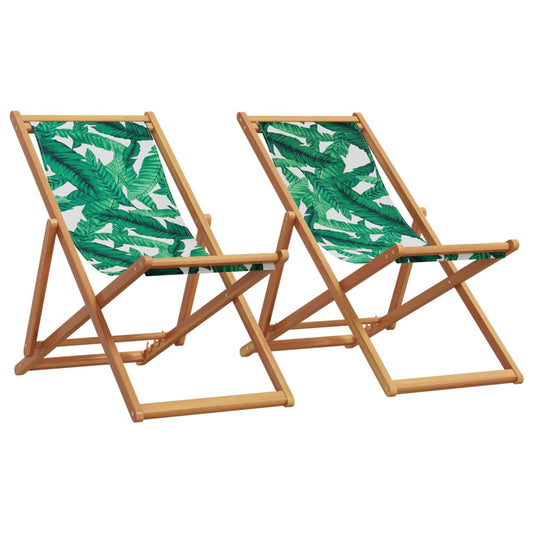 Leaf Pattern Folding Beach Chairs Set of 2 - Solid Wood & Fabric
