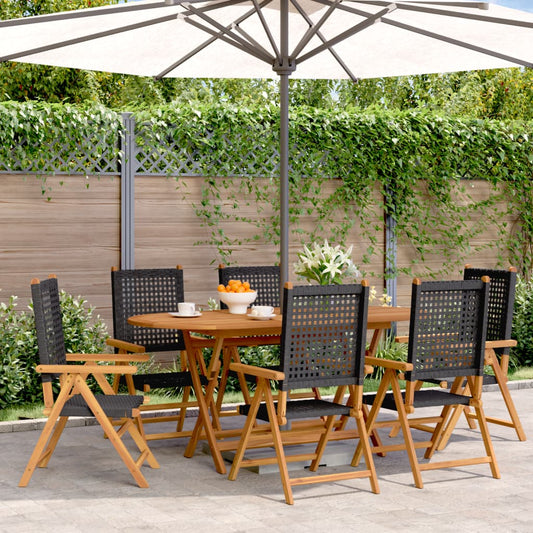 6-Piece Black Reclining Garden Chairs in Poly Rattan & Wood