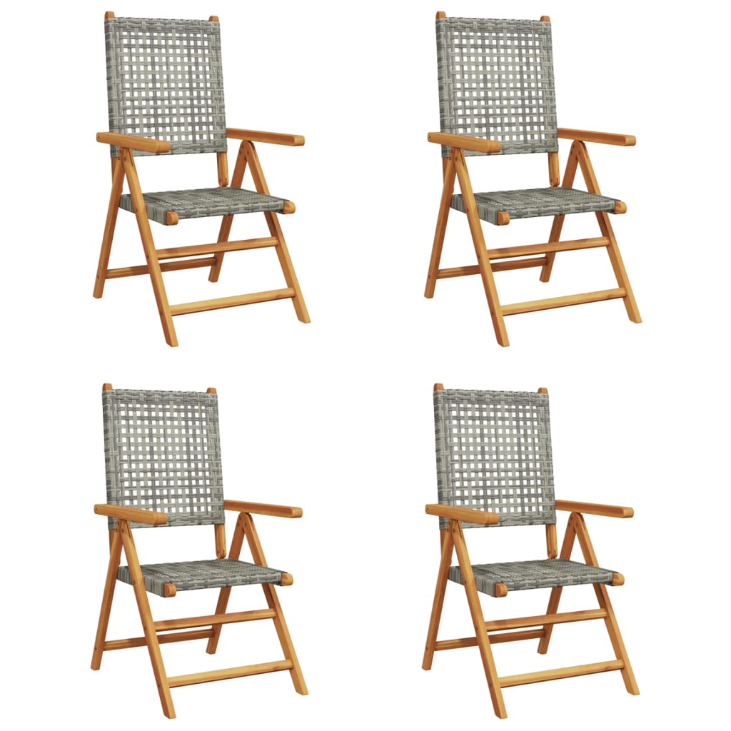 4 Grey Poly Rattan & Solid Wood Reclining Garden Chairs Set