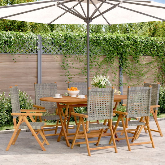 6 Grey Poly Rattan & Wood Reclining Garden Chairs Set