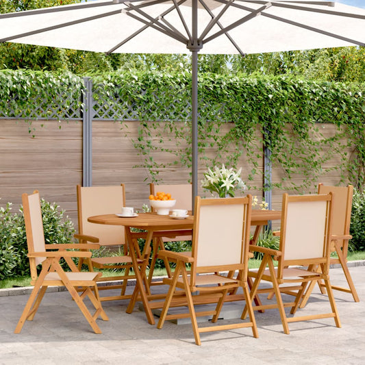 6 Beige Reclining Garden Chairs - Fabric & Solid Wood