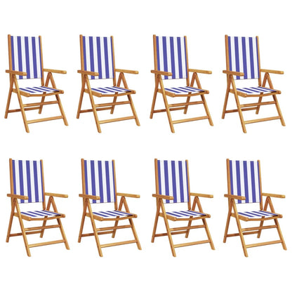 Blue & White Fabric Reclining Garden Chairs, 8 Piece Set, Solid Wood