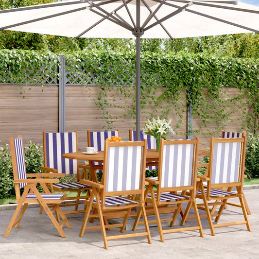 Blue & White Fabric Reclining Garden Chairs, 8 Piece Set, Solid Wood