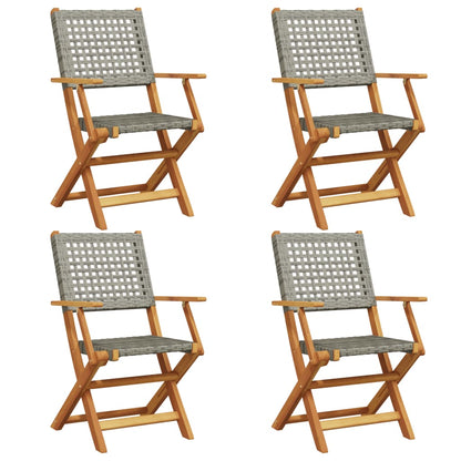 4-Piece Grey Poly Rattan & Wood Folding Garden Chairs Set