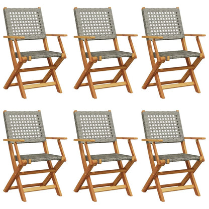 Folding Garden Chairs 6 pcs Grey Poly Rattan and Solid Wood