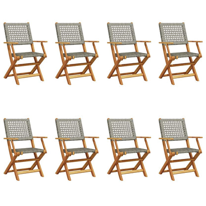 8-Piece Grey Poly Rattan Folding Garden Chairs with Solid Wood