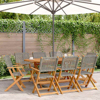 8-Piece Grey Poly Rattan Folding Garden Chairs with Solid Wood