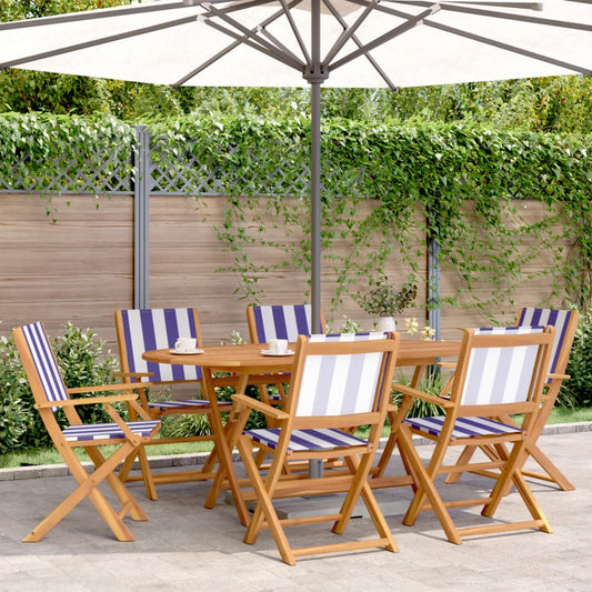 6-Piece Blue & White Fabric Folding Garden Chairs, Solid Wood