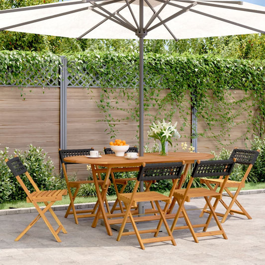 6-Piece Black Poly Rattan & Wood Folding Garden Chairs Set