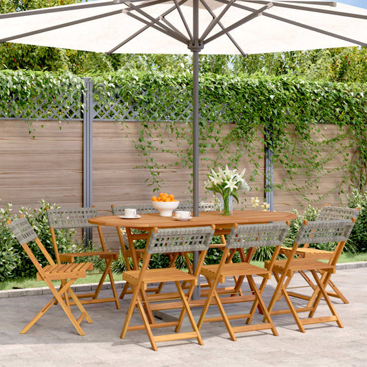 8-Piece Grey Poly Rattan & Wood Folding Garden Chairs Set