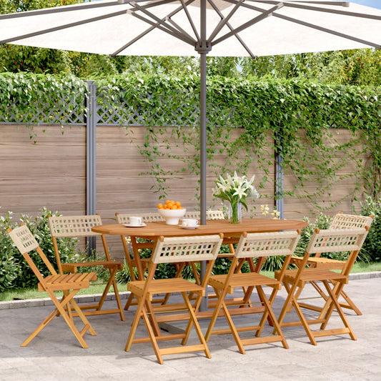 8-Piece Beige Poly Rattan & Wood Folding Garden Chairs Set