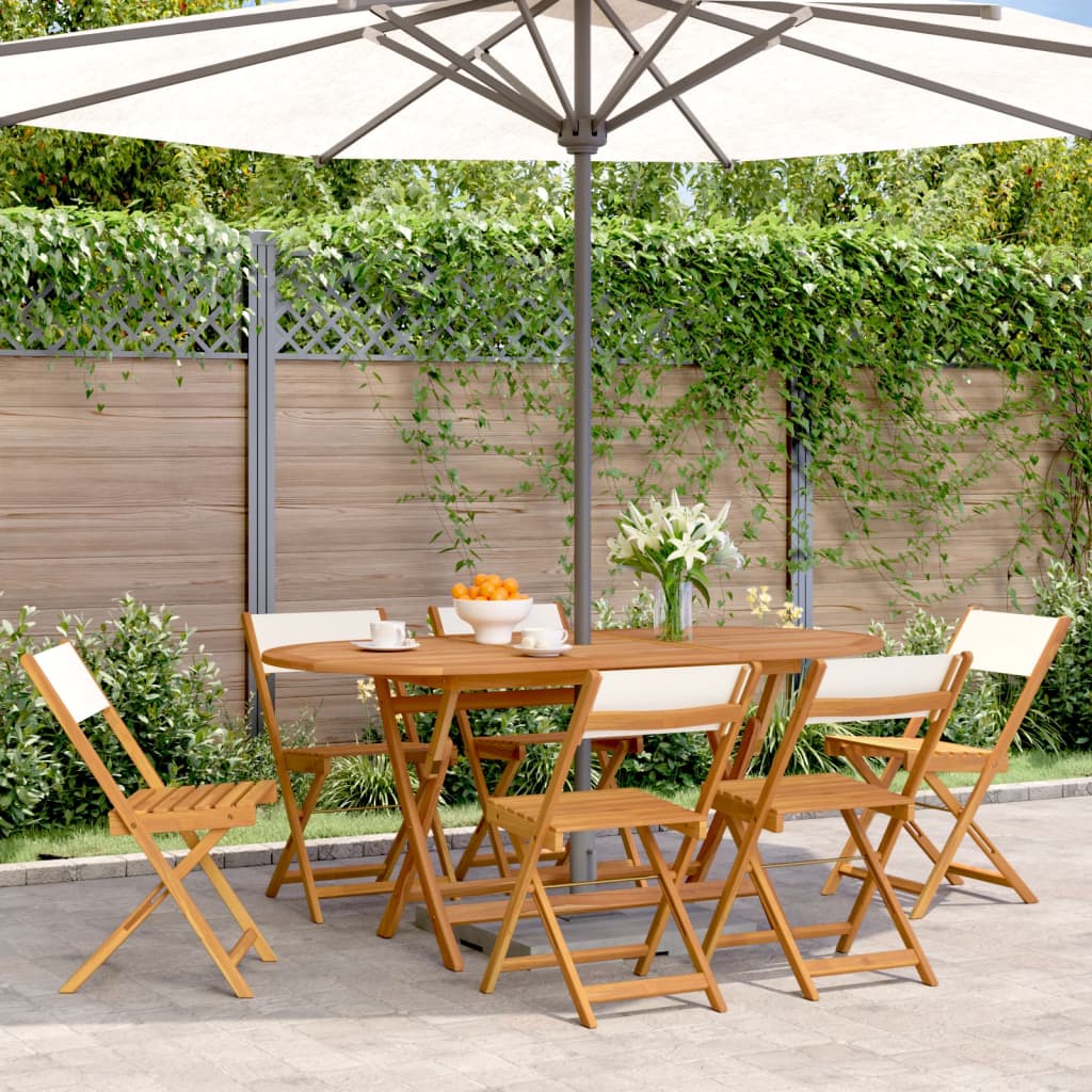 6 Pc Cream White Fabric & Solid Wood Folding Garden Chairs Set