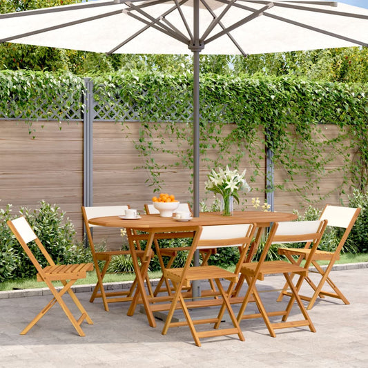 6 Pc Cream White Fabric & Solid Wood Folding Garden Chairs Set