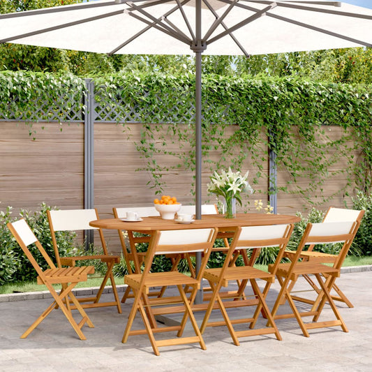 Cream White Fabric & Wood Folding Garden Chairs, 8 Pcs Set