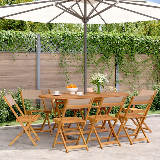 8-Piece Taupe Folding Garden Chairs - Solid Wood & Fabric