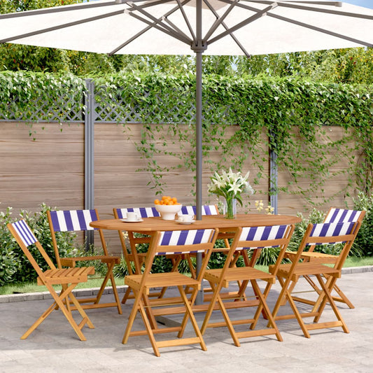 8-Piece Blue & White Fabric Folding Garden Chairs, Solid Wood