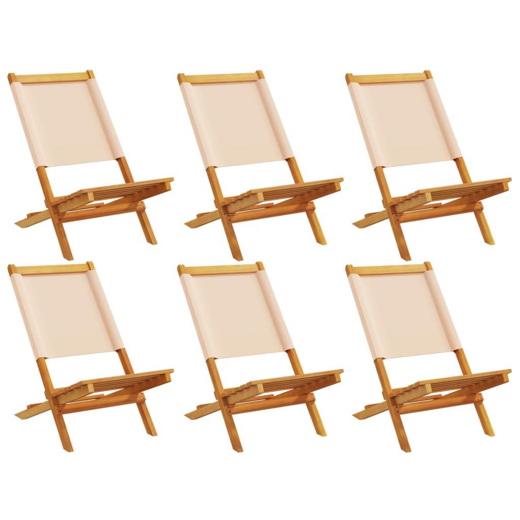 6 Beige Folding Garden Chairs - Fabric & Solid Wood