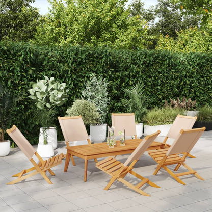 6 Beige Folding Garden Chairs - Fabric & Solid Wood