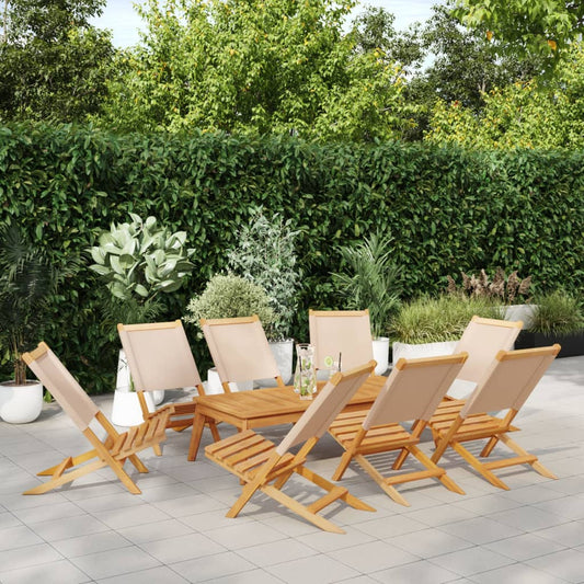 8-Piece Beige Fabric & Wood Folding Garden Chairs Set