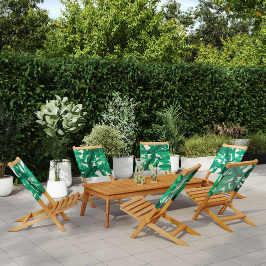 6-Piece Folding Garden Chairs Set, Green Fabric & Solid Wood
