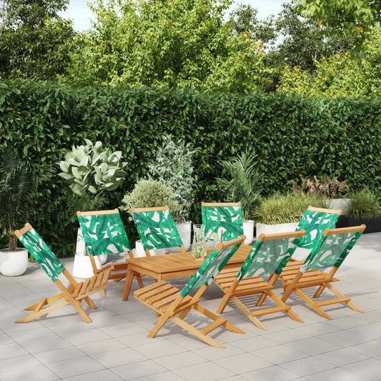 8-Piece Folding Garden Chairs Set, Green Fabric & Solid Wood